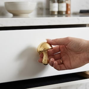 May include: A gold-colored mushroom-shaped drawer pull. The drawer pull is made of metal and has a textured surface. The mushroom cap is rounded, and the stem is ribbed. The drawer is white.