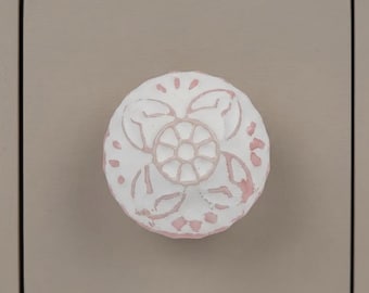 Distressed Pink Medallion Embossed Knob Door Drawer Pull Kitchen Cabinet Dresser Handle