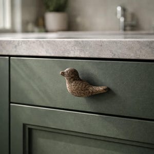 May include: A decorative bird-shaped cabinet pull in a speckled brown finish. The pull is mounted on a dark green cabinet door. The bird-shaped pull adds a unique, nature-inspired accent to kitchen or bathroom cabinetry.