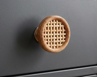 Rattan Round Wood Knob Door Drawer Pull Kitchen Cabinet Dresser Handle