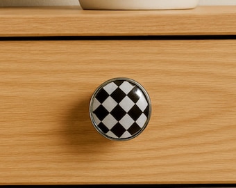 Black White Checkered Round Knob Door Drawer Pull Kitchen Cabinet Dresser Handle