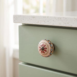 Glazed Floral Medallion Ceramic Knob Beige Red Blue Gold Cabinet Pull