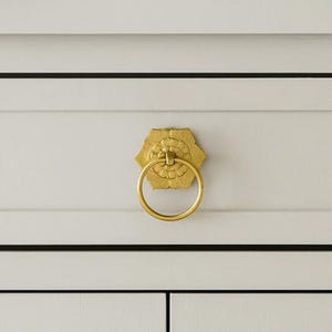 May include: Close-up of a gold-colored cabinet pull with a ring handle. The pull has a hexagonal base with a floral design. The cabinet door is painted white with black trim.