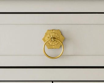 Gold Flower Metal Ring Pull Knob Door Drawer Pull Kitchen Cabinet Dresser Handle