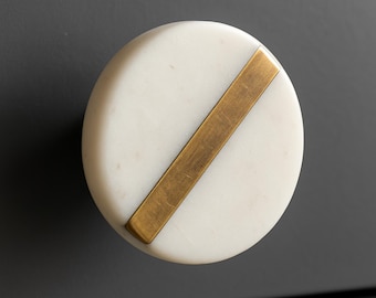 White & Brass Round Stone Knob Door Drawer Pull Kitchen Cabinet Dresser Handle