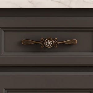 May include: Close-up of a decorative cabinet pull. The pull is made of bronze-colored metal and features a central circular design with clear crystal accents. The pull has a symmetrical design with curved handles on each side, set against a dark gray cabinet.