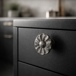 May include: A close-up of a black cabinet with a decorative, silver-colored flower-shaped knob. The knob has a detailed, textured design. The cabinet has a matte finish.