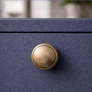 May include: Close-up of a navy blue cabinet with a round, antique brass knob. The knob is centered on the cabinet door, and the background is blurred. The cabinet has a textured surface.