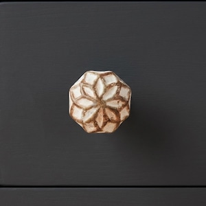 May include: A decorative cabinet knob with a floral design. The knob is off-white with brown accents and a geometric shape. The knob is mounted on a dark gray surface.