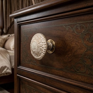 May include: Close-up of a dark brown wooden dresser drawer with an ornate, cream-colored knob. The knob has a floral design and a brass base. The drawer features decorative brass accents.