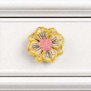May include: A floral cabinet knob with a yellow and white petal design, a pink center, and blue accents. The knob is mounted on a white cabinet door. This decorative knob adds a touch of nature to furniture.