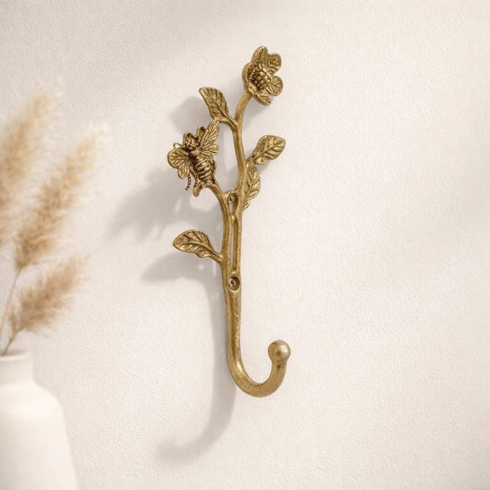 Gold Flower Bee Metal Wall Hook - Decorative Key & Coat Hanger