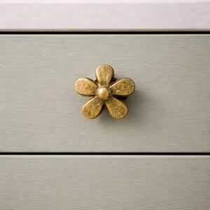 May include: A close-up of a gold-colored, five-petal flower-shaped drawer pull. The drawer pull is mounted on a light gray drawer front. The drawer front has two horizontal lines.