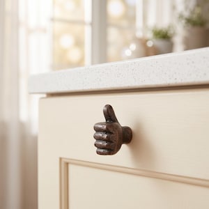 May include: A dark brown, textured cabinet knob shaped like a hand with a thumb pointing upward in a thumbs-up gesture. The knob is mounted on a light cream-colored cabinet door with a flat panel design and a white countertop edge above it.