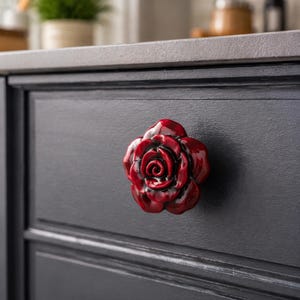May include: A glossy, red rose-shaped cabinet knob. The knob is mounted on a dark gray cabinet door. The rose has detailed petals and a shiny finish, adding a decorative touch to the furniture.