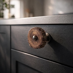 May include: A rustic cabinet knob made of a cross-section of a tree branch. The knob has a natural wood grain pattern and a dark metal base. The knob is attached to a dark wood cabinet.