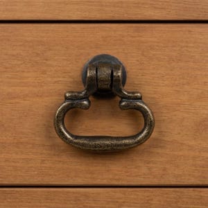 May include: Close-up of a bronze-colored drawer pull with a decorative design. The pull is attached to a wooden surface with visible wood grain. The pull has a circular backplate and a curved handle.