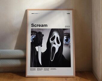 Skräckfilmsaffisch från Scream från 1996, Wes Craven, minimalistisk slasherkonst (digital nedladdning)