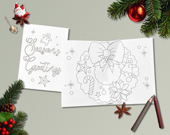 Pop-upwenskaart kerstkrans inkleuren (digitale download)