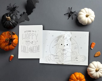 Pop-upkaart Halloween katheks kleurplaat (digitale download)