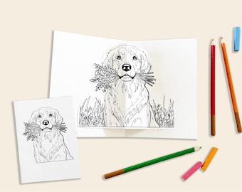 Pop-up kleurkaart hond met bloemen – digitale download