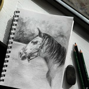 Puede incluir: Un boceto a lápiz detallado de la cabeza de un caballo de perfil, con brida. El dibujo está en un cuaderno de espiral, con lápices y una goma de borrar cerca. La obra de arte es en escala de grises, con sombreado para crear profundidad.