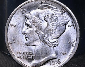 Moneda de diez centavos de mercurio de 1916-D, rara, con fecha clave, plateada, estadounidense, conmemorativa, vintage, para coleccionistas.