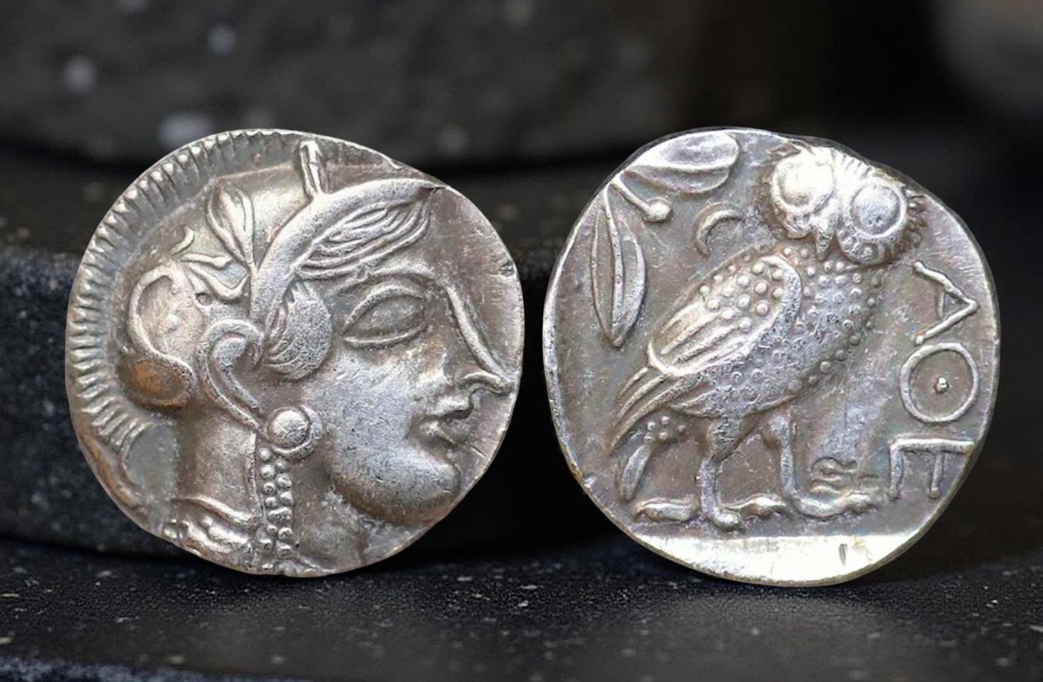 Ancient Athenian Owl Tetradrachm from circa 440&ndash;404 BC, classic 5th Century BC Athena Coin
