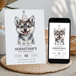 May include: A white birthday invitation card and a smartphone displaying the same digital invitation. Both feature a watercolor illustration of a puppy wearing a colorful polka-dot party hat, with text reading Sebastian's 7th Birthday, October 18.