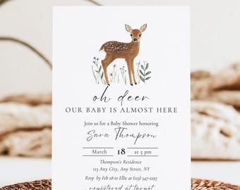 Oh Deer Baby Shower Invitation, Woodland Baby Shower Invite, gender neutral, Editable Canva Template