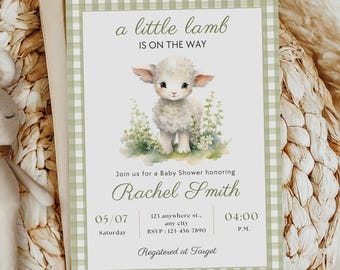 Lamb Baby Shower Invitation Template, A Little Lamb is On the Way, Editable Green Gingham Lamb Baby Shower Invite, Gender Neutral, Digital