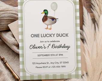 One Lucky Duck Birthday Invitation, Mallard Duck Boy First Birthday Invite, Editable Template (Digital Download)