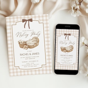 May include: A rectangular invitation card and a smartphone displaying a matching digital invitation. Both feature a beige and white gingham pattern, a brown bow graphic, and illustrations of a wicker basket and bassinet with text.
