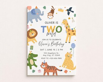 Two Wild Safari Second Birthday Invitation Template Editable Jungle Party Animals 2nd Birthday Invite Safari Kids Party Digital Download