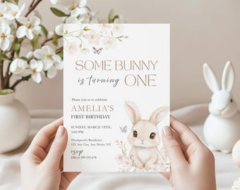Some Bunny is One Invitation, Girl Bunny 1st Birthday Invite, Printable and Editable Template