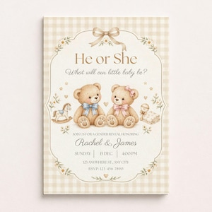 Puede incluir: Una tarjeta de invitación para revelación de género con fondo de cuadros vichy beige, un marco central con un lazo y dos ositos de peluche. El texto incluye He or She, What will our little baby be?, Rachel & James, Sunday 15 Dec 4:00 PM, 123 Anywhere St, Any City, RSVP 123-456-7890.