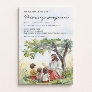 Einladung zum Programm der Primarvereinigung der Kirche Jesu Christi der Heiligen der Letzten Tage, Aquarell-Jesus mit Kindern, bearbeitbare Canva-Vorlage (5x7)