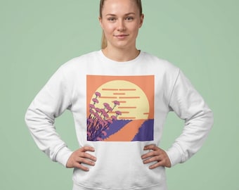 Sudadera vintage con flores de playa al atardecer / Sudadera retro costera de cuello redondo