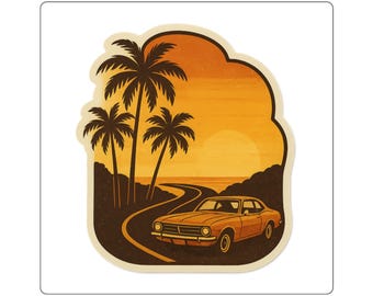 Retro 70s Sunset Palm Roadtrip Die-Cut Sticker – Vintage Car Travel Vinyl
