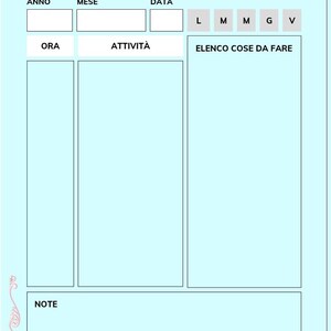 Può includere: Un modello di pianificatore giornaliero per docenti color azzurro con una grafica a farfalla nell'angolo in alto a destra e decorazioni floreali in basso a sinistra. Il layout include sezioni per anno, mese, data, ora, attività, elenco cose da fare e note.