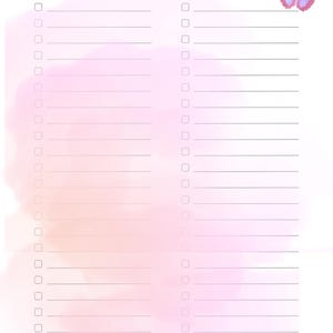 Può includere: Un modello per lista invitati matrimonio con uno sfondo acquerello rosa tenue, due colonne di righe con caselle di controllo e due illustrazioni di farfalle viola. Il testo recita Semplicemente Organizzata Lista invitati matrimonio.