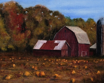 Red Barn Pumpkin Field Oil Painting: Autumn Landscape Fine Art (10"x14")