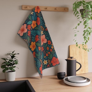 Orange Hibiskus Blumen Geschirrtücher | Handgewebtes Leinen Geschirrtuch mit Blumenmotiv, handgewebtes Leinen Geschirrtuch