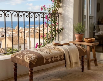 Wood Entryway Bench With Tapered Legs, Kilim Rug Bench, Bed End Bench, Front Window Bench, Boho Home Decor Bench