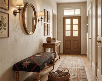 Boho Kilim Upholstered Wooden Bench – Rustic Entryway Bench, Handmade Tribal Seat, Farmhouse Home Décor