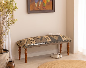 Tribal Kilim Bench, Jute Upholstered Ottoman Bench, Boho Farmhouse Seating, Handmade Wooden Bench
