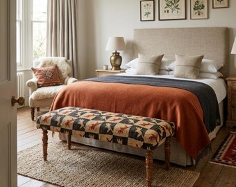 Farmhouse Home Décor Boho Kilim Upholstered Wooden Bench – Rustic Entryway Bench, Handmade Tribal Seat