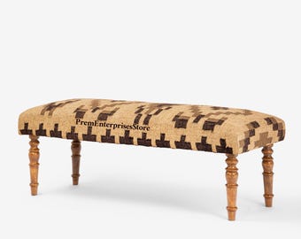 Wooden Folding Kilim Rug Bench | Boho Entryway Bench | Turkish Kilim Ottoman | Rustic Bohemian Furniture | Handmade Green Rug Bench