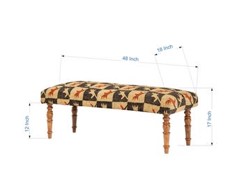 Farmhouse Home Décor Boho Kilim Upholstered Wooden Bench – Rustic Entryway Bench, Handmade Tribal Seat