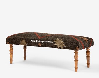 Boho Kilim Upholstered Wooden Bench – Rustic Entryway Bench, Handmade Tribal Seat, Farmhouse Home Décor